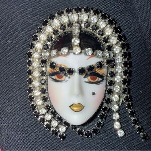 Elegant Black White Face Brooch Rhinestones vintage hand painted